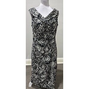 Jones New York Black/White Sheath Dress Boat Colar V neck size 10 Midi Modest